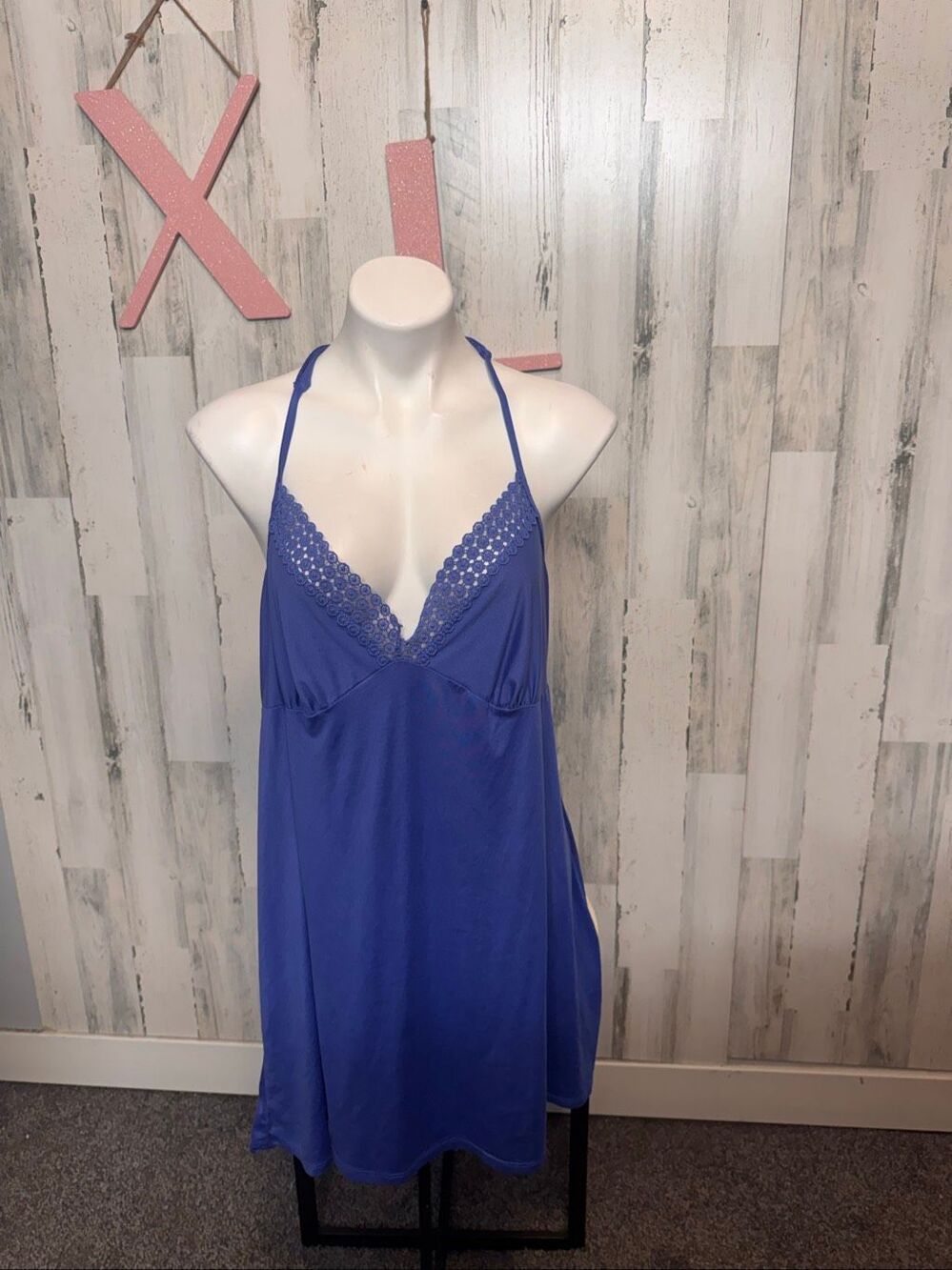 Secret Treasures Chemise Nightgown Womens XL Blue Crochet Lace Racerback Slip